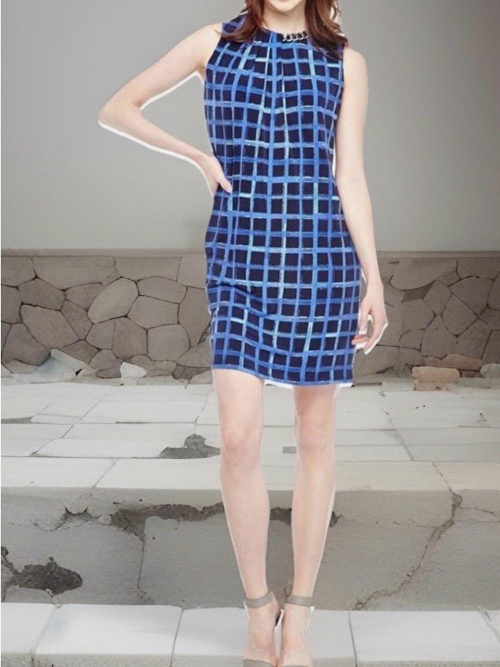 Nwt MICHAEL Michael Kors Navy & Royal Blue Windowpane Sheath Dress-M